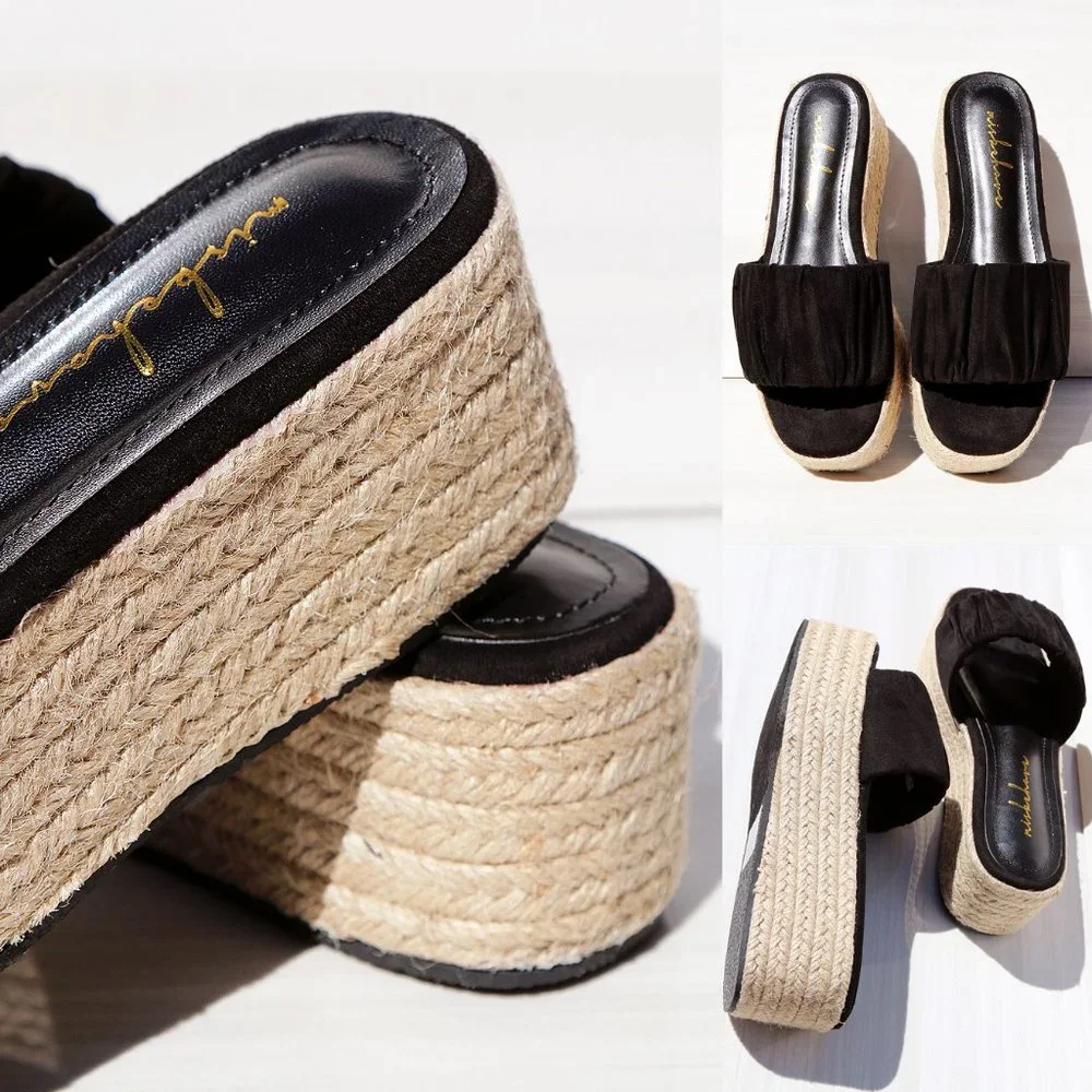 NEW Black Ruched Faux Suede Espadrille Slip On Slides Wedge Platform Sandal Shoe